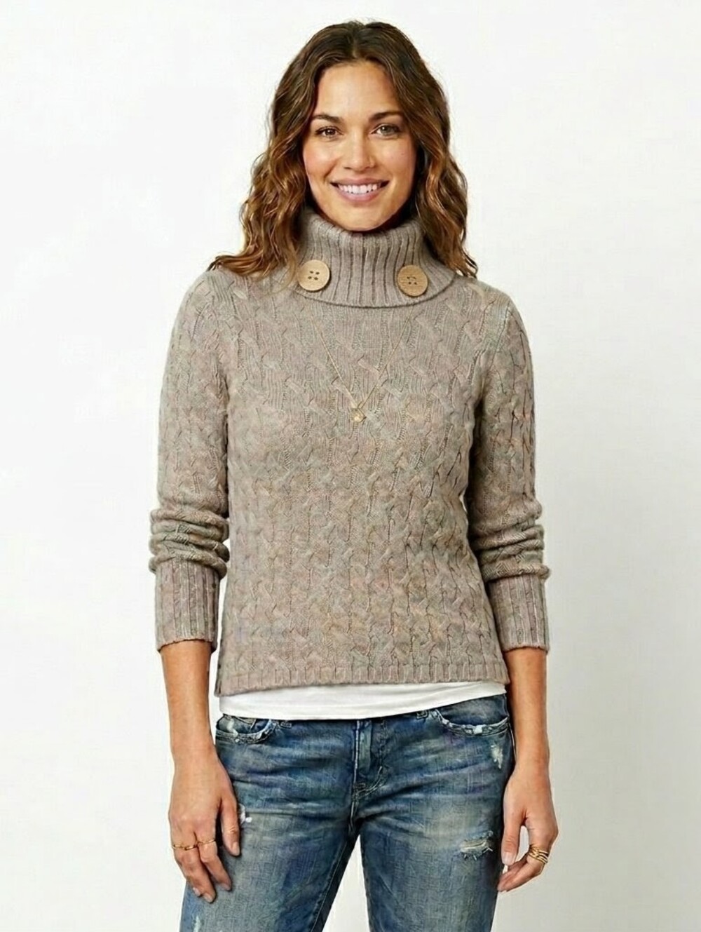 White + Warren Cotton Cable Knit Button Gray Tan Turtleneck Sweater - Small